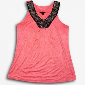 A. Byer Womens Y2K Coral Pink Embellished V-Neck Tank Top Beaded Boho Size L